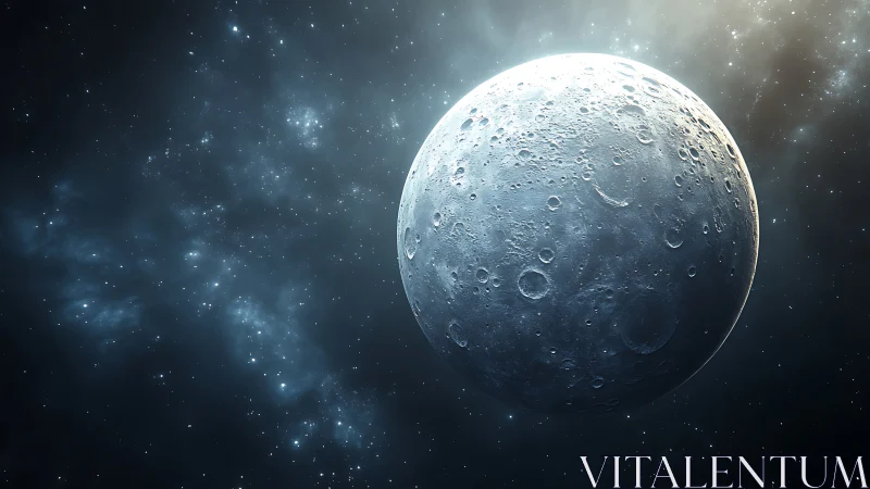 Silent cratered moon glides through star-sprayed velvet