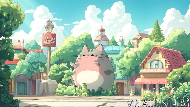 Giant pastel cat statue anchors sunny village plaza.