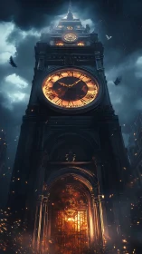 Gothic clocktower engulfed in infernal cinematic flames.