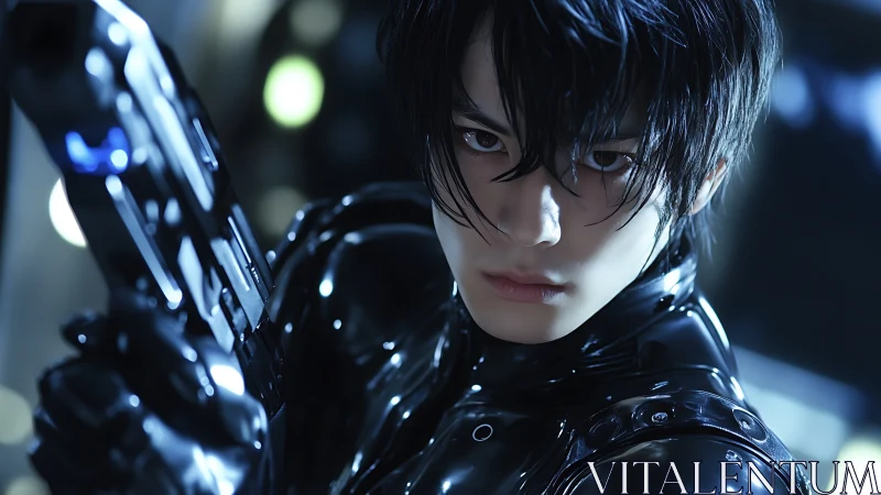 Midnight cyber sentinel with neon-lit resolve in chrome armor.