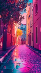 Sunlit alley of neon water and candy-colored houses.