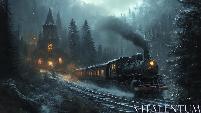 Steam locomotive passing church in snowy forest at night.