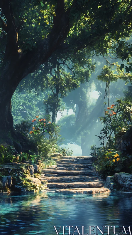 Sunlit forest stone steps rise gently above a crystal pool