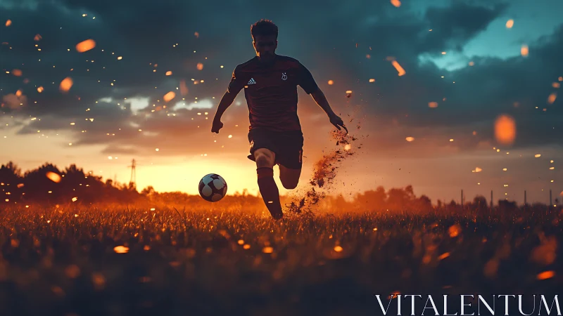 Sunset soccer kick glowing with sparks and open field energy.