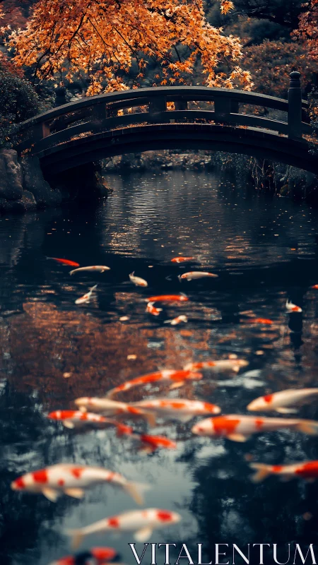 Koi glide beneath arched garden bridge in amber autumn light.