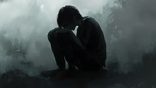 Solitary figure seated in shadowed foggy environment.