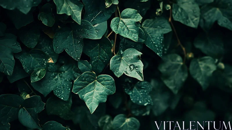 Moody macro study of ivy foliage with dewdrops and shallow depth