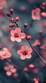 Cherry Blossoms in Full Bloom Against Soft Blue Backdrop.