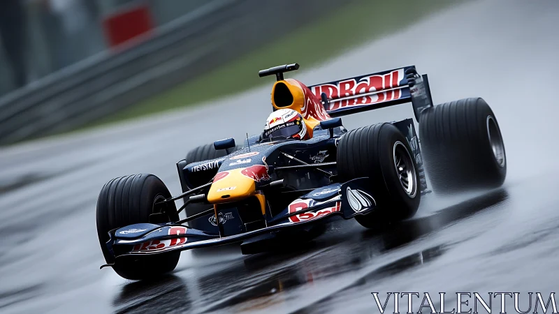 Sleek Formula race car carving bold lines on wet asphalt.