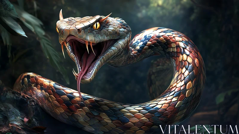 Coiled jungle serpent poised in shimmering scale armor.