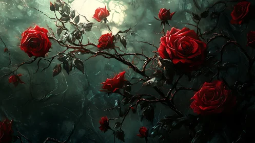 Deep Red Roses in Shadowy Garden. A Moody Floral Masterpiece.