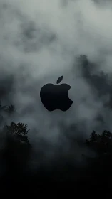 Minimalist black apple emblem in cinematic forest mist.
