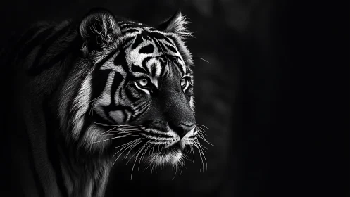 Majestic tiger gazes through darkness in bold monochrome light
