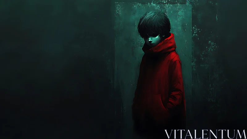 Moody child in red coat isolated by teal ambient rim lighting