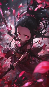 Chibi samurai girl with red eyes amid falling petals.