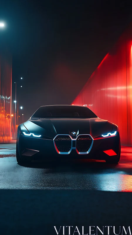 Midnight sports car glows against bold red city lights