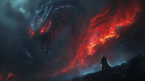Lone cloaked figure confronting vast fiery dragon form.