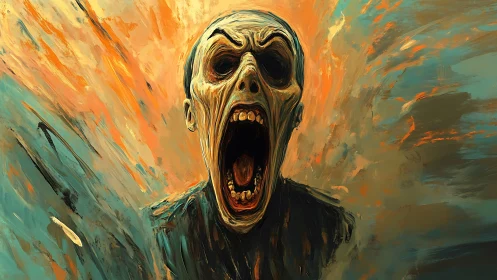 Spectral cranial scream amid turbulent chromatic vortices.