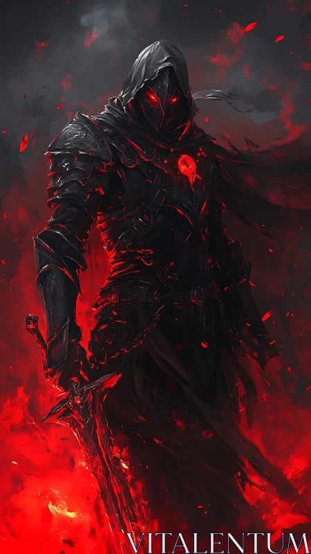 Hooded armored warrior stands in red fire and smoke