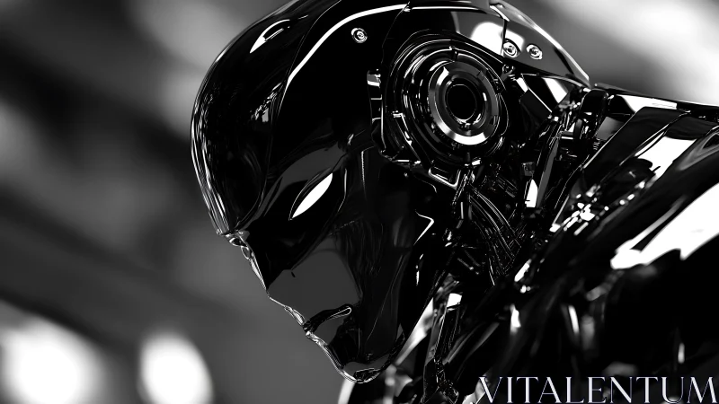 Chrome cybernetic android portrait in dramatic side profile.