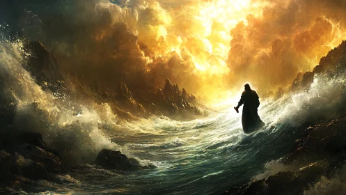 Prophetic figure walking through stormy parted sea.