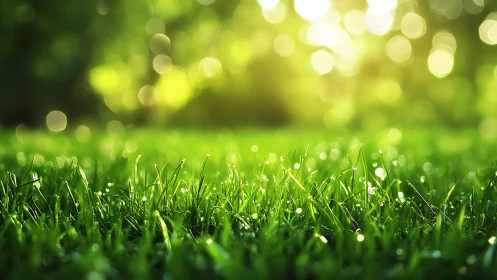 Morning dew on sunlit grass in glowing green bokeh field.