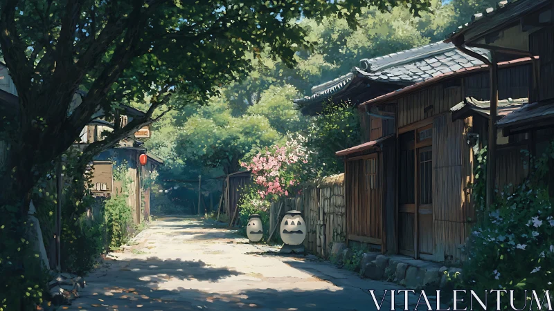 Sunlit village lane drifts into tranquil summer stillness