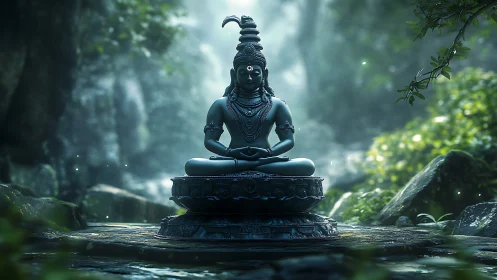 Meditative deity statue in misty forest sanctuary.