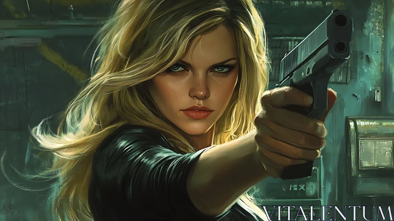 Steel-eyed blonde agent levels her pistol in neon dusk.