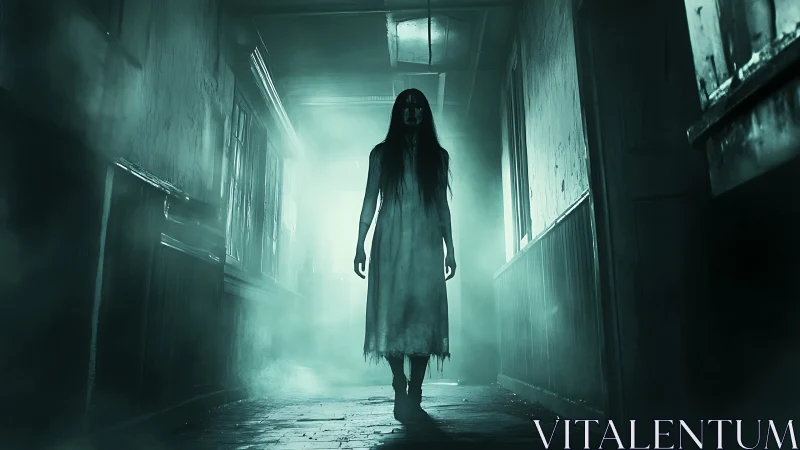Ghostly woman advances through misty, decaying corridor.