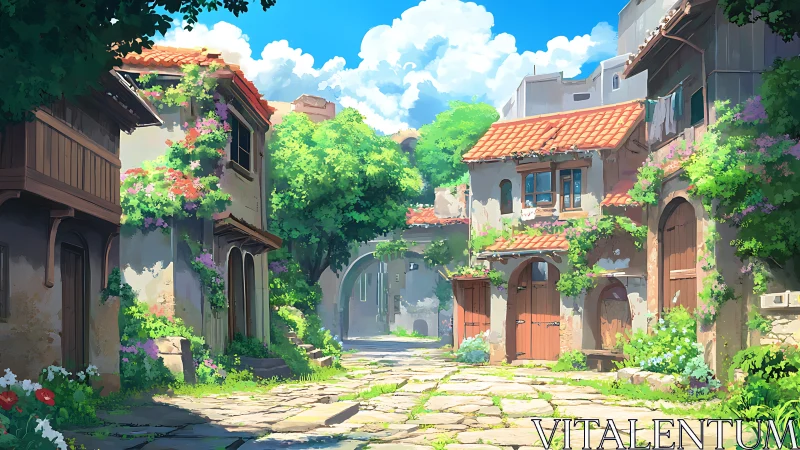 Sunlit village lane with flowering vines and tiled roofs.