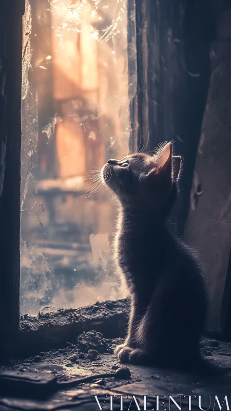 Black Cat Gazing Through Sunlit Doorway.