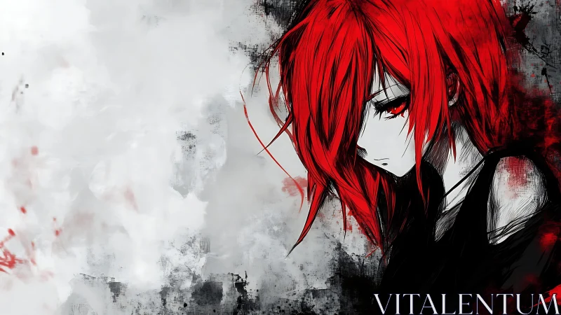 Red haired anime girl looks down against grunge backdrop