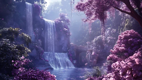 Enchanted violet waterfalls in a misty hidden garden.