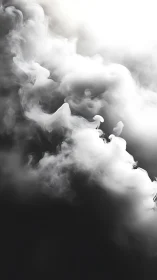 Billowing white smoke curls upward through stark dark void