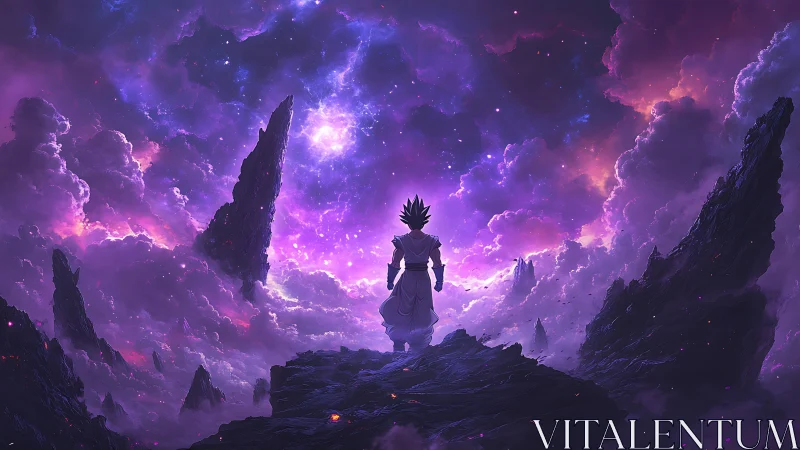 Cosmic warrior silhouette in luminous nebular landscape composition.