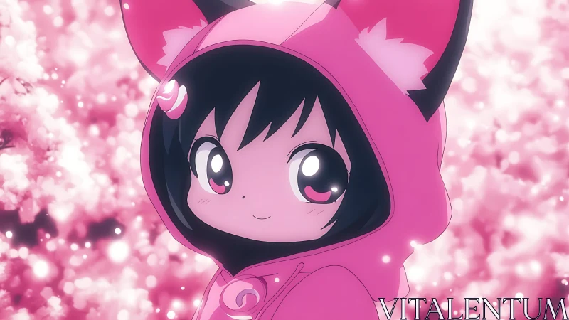 Pink hooded anime character with cat ears in soft focus scene.