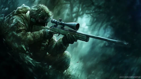 Tactical Operator in Forest Environment with Scoped Rifle.