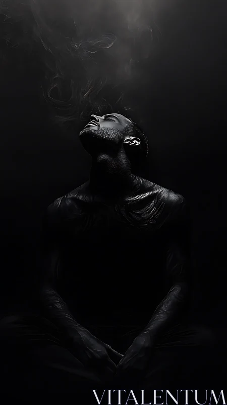 Man in dark space exhaling smoke in upward silence.