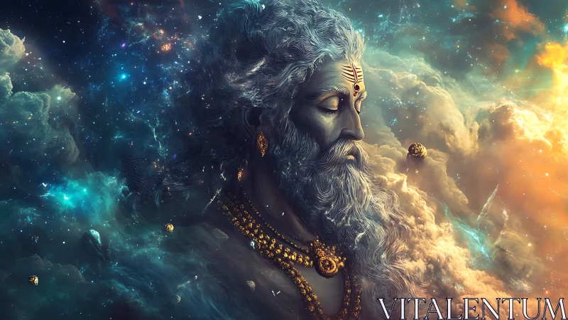 Cosmic deity portrait merges nebular volumetrics with intricate gold