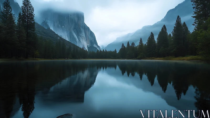 Fog-laden granite cliffs reflect on a still alpine lake surface