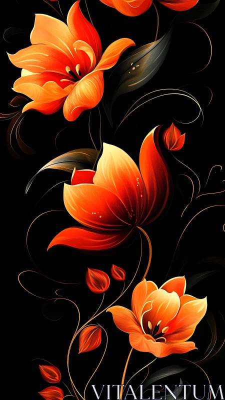 Vibrant Orange and Red Botanical Florals Against Black Background