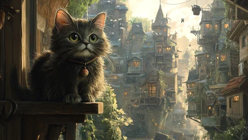 Felid Subject Positioned Within Steampunk Urban Landscape.