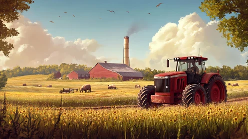 Red tractor traverses sunlit farm field with layered atmospheric depth
