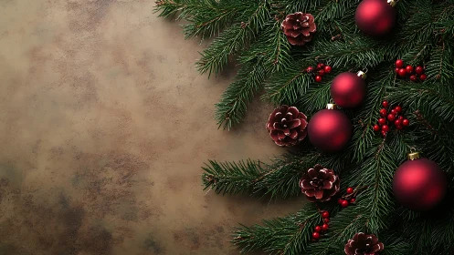 Warm Christmas greenery rests softly with red ornaments