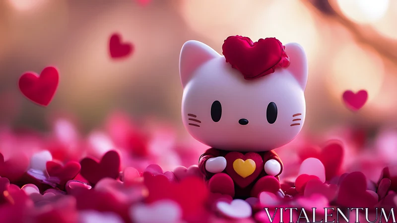 Cat figurine positioned among heart-shaped decorative elements