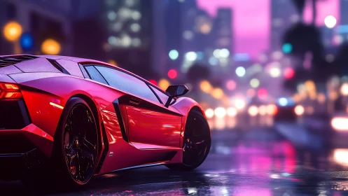 Crimson supercar gliding through neon-soaked city streets.