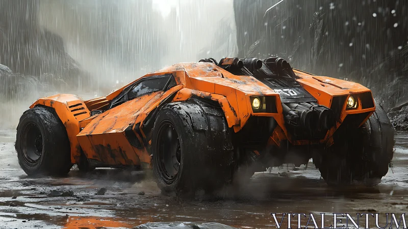 Rain-forged orange war rover prowls a misty canyon road.