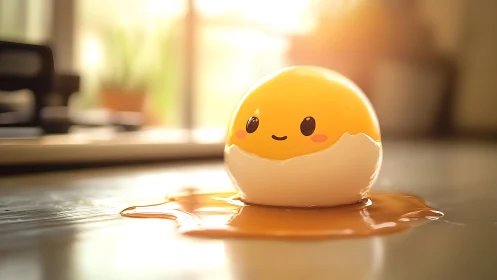 Backlit kawaii egg yolk character resting on glossy kitchen surface