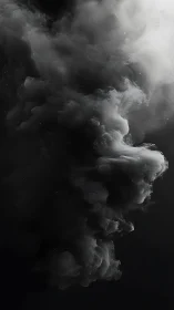 Billowing monochrome smoke drifts upward in dramatic darkness